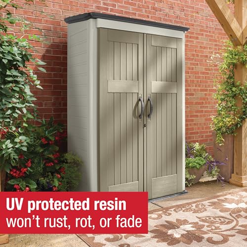 Rubbermaid Vertical Resin Outdoor Storage Shed With Floor (4 x 2.5 Ft) Weather Resistant Beige/Brown Organization for Home/Backyard/Pool