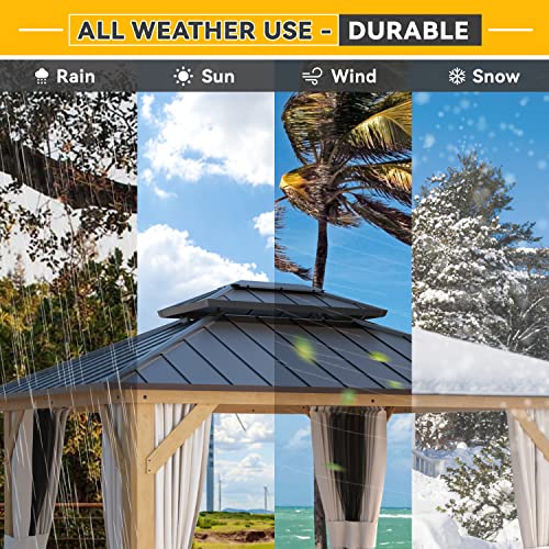 EROMMY 12'x20' Hardtop Gazebo Double Roof Galvanized Steel Canopy Outdoor Aluminum Frame Permanent Metal Pavilion with Netting and Curtains for Patio