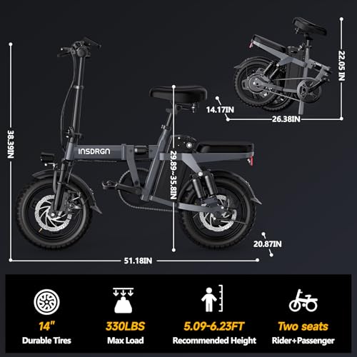 Folding Electric Bike for Adults, 20MPH Dual-Seat Ebike, MAX 45 Miles Range (PAS Mode) 499Wh Removable Battery, 9 Shocks Full Suspension, USB Charger
