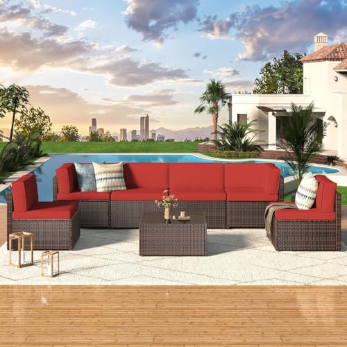 U-MAX 7 Piece Outdoor Patio Furniture Set, PE Rattan Outdoor Wicker Sectional Furniture Chair Set with Cushions and Tea Table