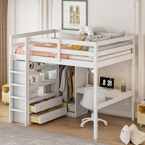 Harper & Bright Designs Full Size Loft Bed with Desk & Wardrobe, Wood Full Loft Bunk Bed with Storage Shelves and Drawers, No Box Spring Needed,White
