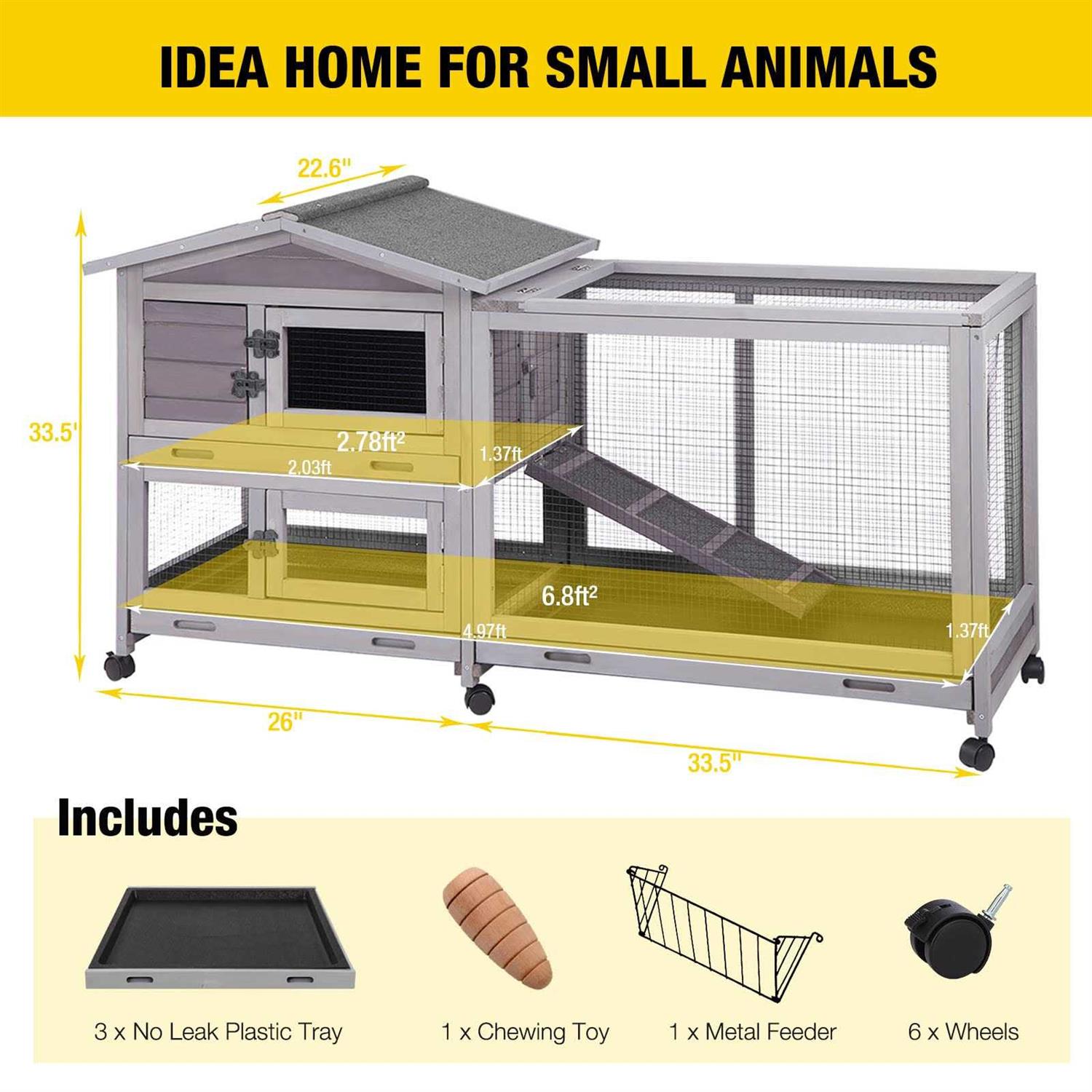 Aivituvin Rabbit Hutch Outdoor Indoor Rabbit Cage Chikcen Coop with Casters Guinea Pig Cage with 3 Deep No Leakage Pull Out Tray