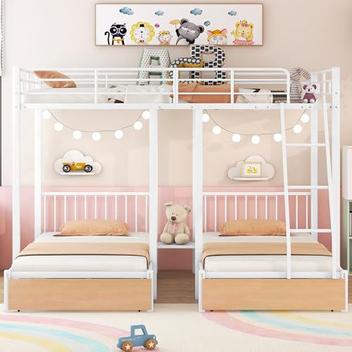 Heavy Duty Triple Bunk Bed for 3 Kids, Twin Over Twin & Twin Bunk Beds with Guardrails and Ladder, Twin Over 2 Twin Triple Bunk for Kids, Teens