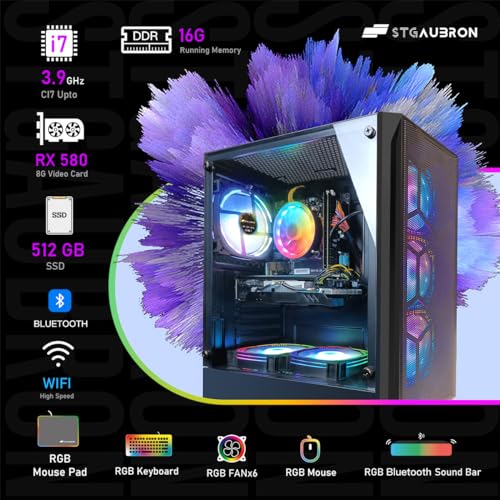 STGAubron Gaming PC Bundle with 24Inch FHD LED Monitor-Intel core I7 up to 3.9G, RX 580 8G, 16G, 512G SSD, RGB Mouse Pad, RGB Sound Bar