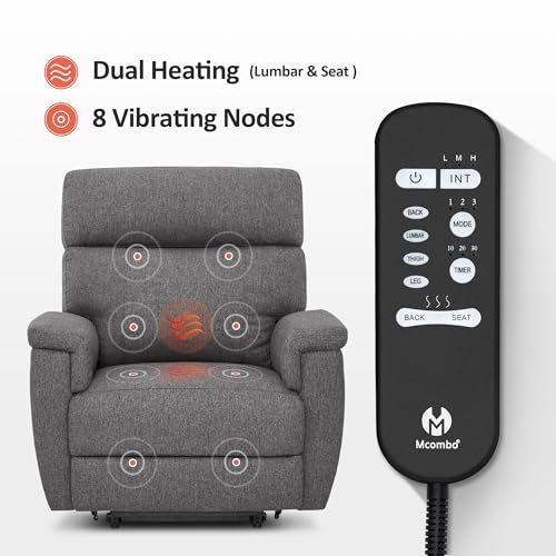 MCombo Power Lift Recliner Chair with Massage and Dual Heating, Adjustable Headrest, Extended Footrest for Elderly People, Fabric R7605 (Dark Grey)