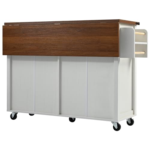 Kitchen Island Cart With Power Outlet, 2 Doors, Drop Leaf, Spice Rack, 2 Drawers - Rolling Storage Cart on Wheels for Home and Dining Room - White