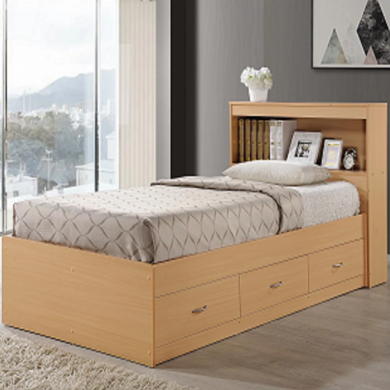 Hodedah Twin Size Captain Bed with 3 Drawers and Headboard in Black Wood
