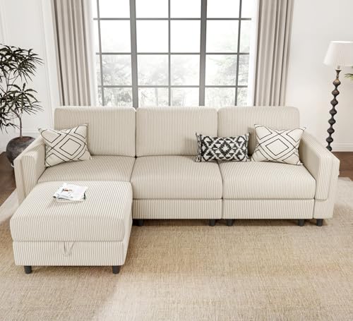 KKL Modular Sectional Sofa Bed with Storage Ottoman, Convertible L/U-Shaped Sleeper Couch for Living Room, Modern Reversible Design, Beige