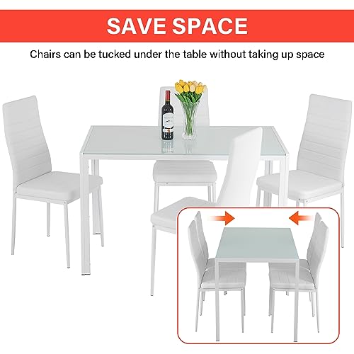 FDW | 5-Piece Dining Table Set | Glass Kitchen Table with 4 Upholstered Chairs | Space-Saving Design | Faux Leather Cushions | Modern Rectangular