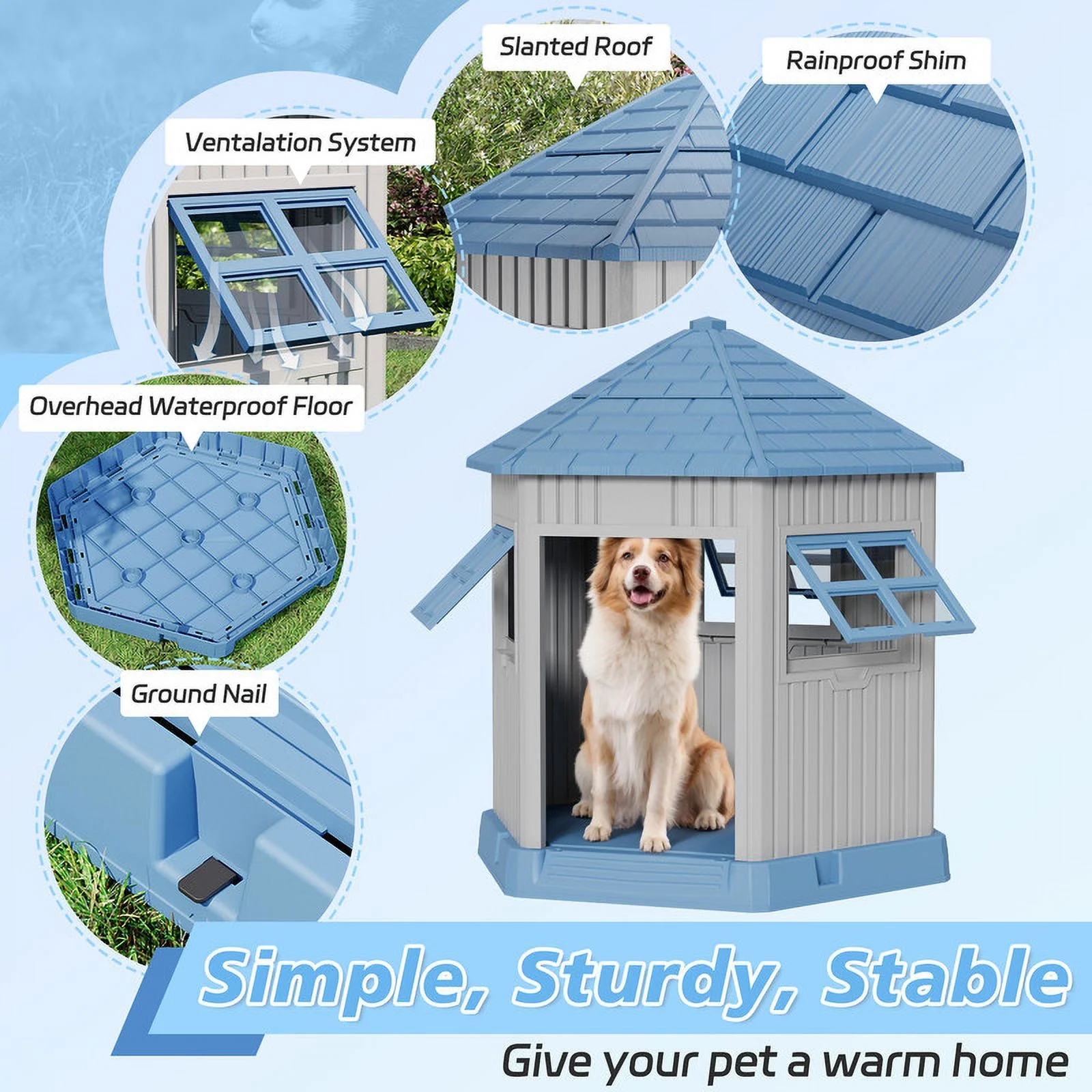 Bifanuo Durable Dog House, Indoor Outdoor Wateproof Doghouse, Pet Plastic Dog Kennel for Small Medium Dogs,Blue, 36.6"L*29.5"W*37.4"H