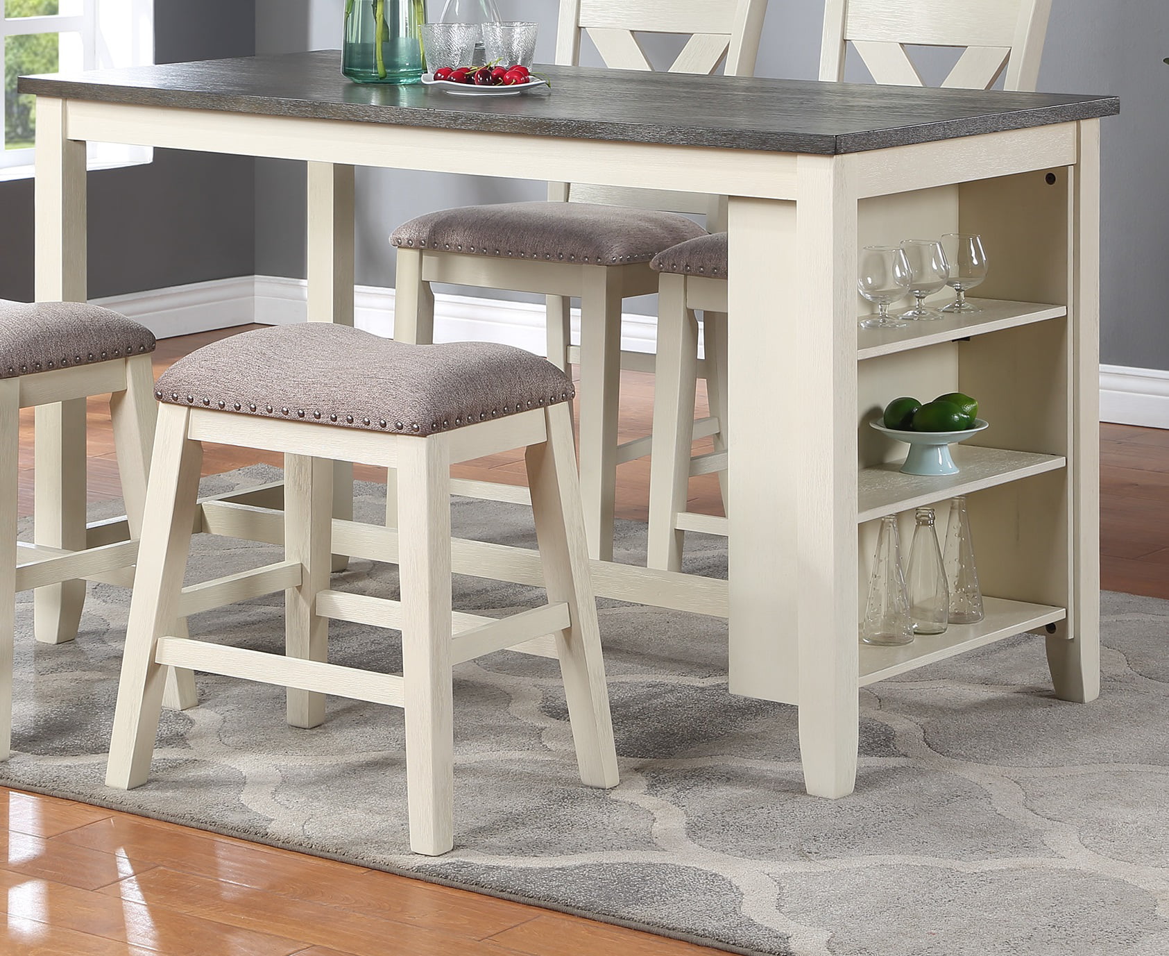 Dcenta Modern Contemporary 5pc Counter Height High Dining Table w Storage Shelves High Chairs And Stools Wooden Kitchen Breakfast Table Dining Room