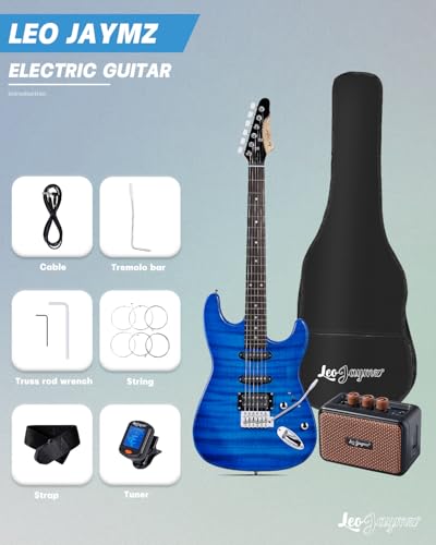 Leo Jaymz 39" Full Size ST Style Electric Guitar Starter Kit with SSH Pickup, 5W Portable Amp, Tuner, Gig Bag, Strap & Accessories (Violet Ocean)