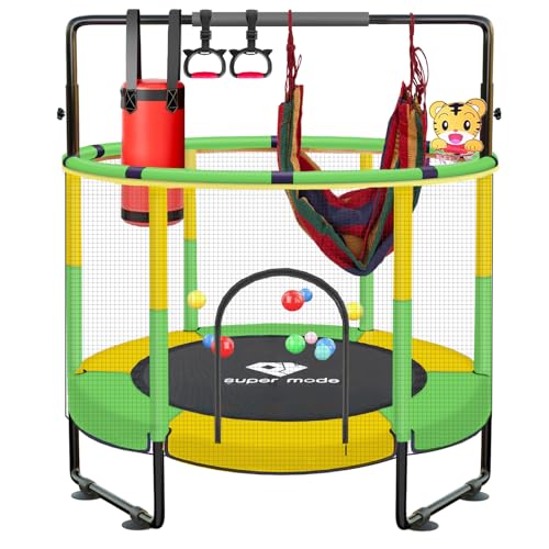 Trampoline for Kids, 5FT Adjustable for Toddler, Indoor/Outdoor Baby Trampoline with Enclosure Net, No-Gap Safe Design, Gifts for Boys & Girls
