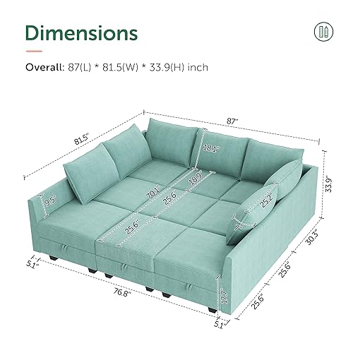 HONBAY Modular Sofa Sectional Sleeper Couch with Ottomans Reversible Sleeper Sectional Sofa Modular Couch with Storage, Aqua Blue