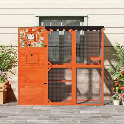 COZIWOW Large Wood Cat Catio, Outdoor Enclosure with Weatherproof Roof, 2 Resting Rooms, 2 Platforms, 4-Tier Cat Playpen, Orange
