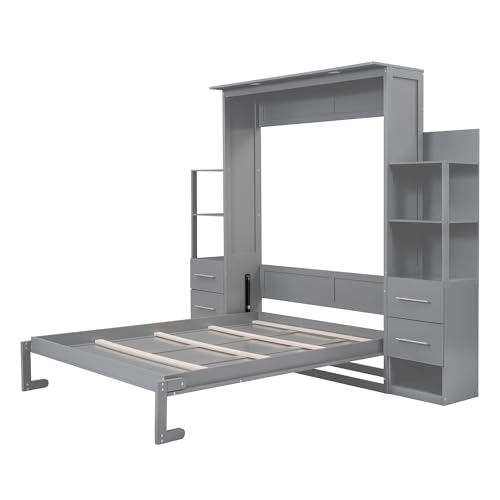 Harper & Bright Designs Full Size Murphy Bed Wall Bed with Storage Shelves, Drawers and LED Lights