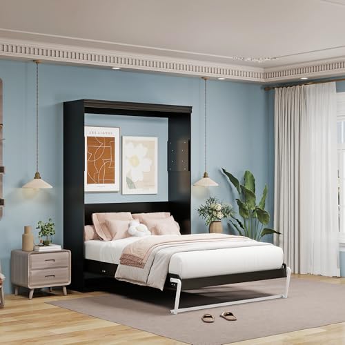 Black Wood Full Size Murphy Bed, Murphy Bed Full Space-Saving Wall Beds