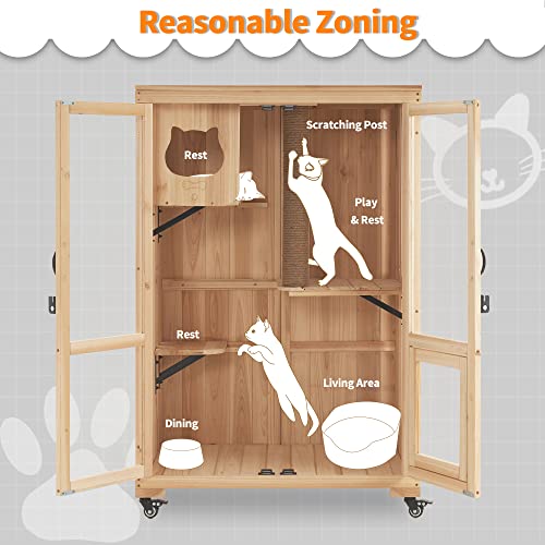 MCombo Luxury Cat House with Scratching Post, Wooden Multi Feature Large Cat Condo with Escape Door and Wheels
