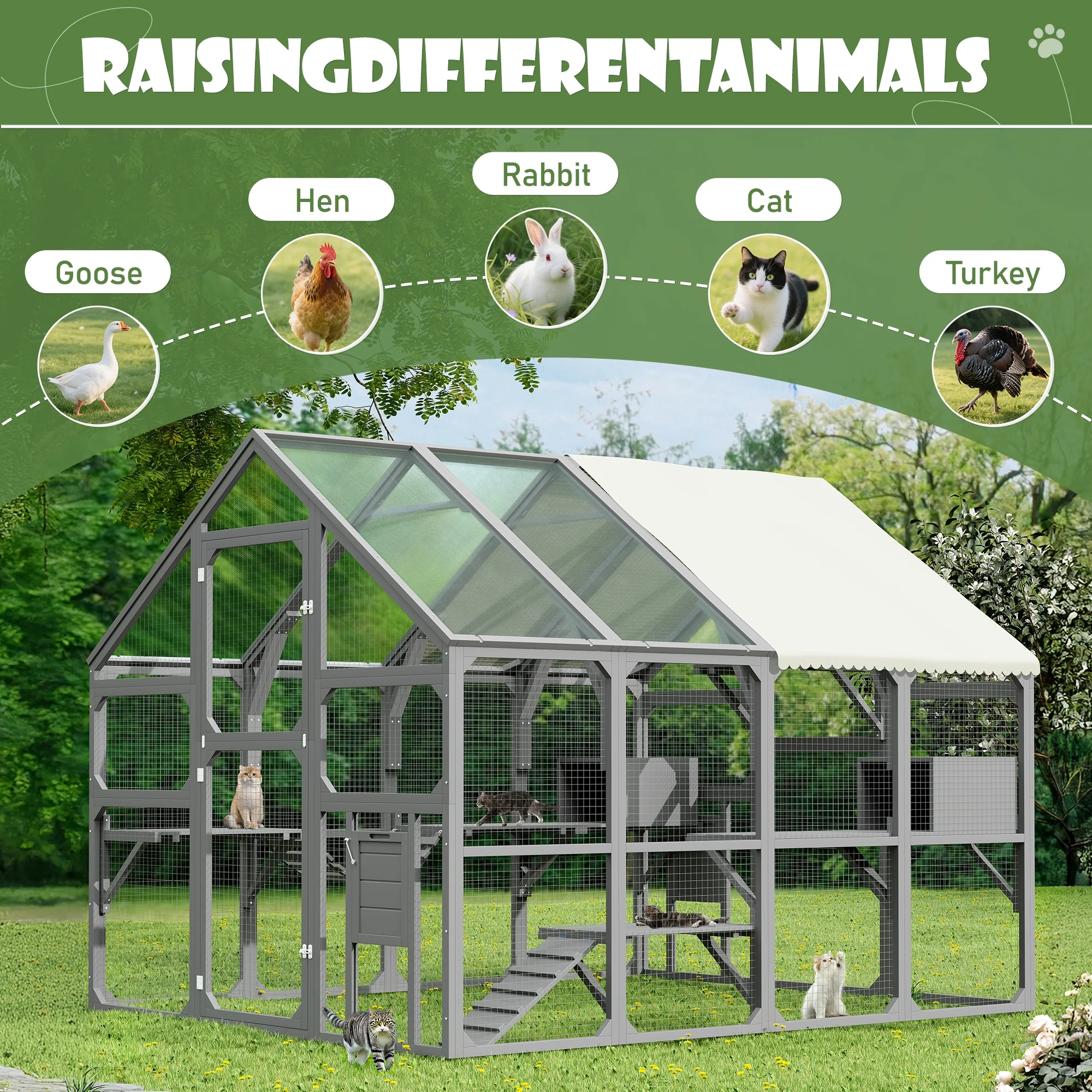 Montary Catio Outdoor Cat Enclosure with Window Access, 4-Tier Cat House with Wheels, Waterproof Roof &amp; Resting Box, Large Gray Cage