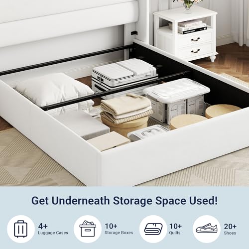 Allewie Full Size Lift Up Storage Bed, Modern Wingback Headboard, Hydraulic Support, No Box Spring Needed, Light Beige