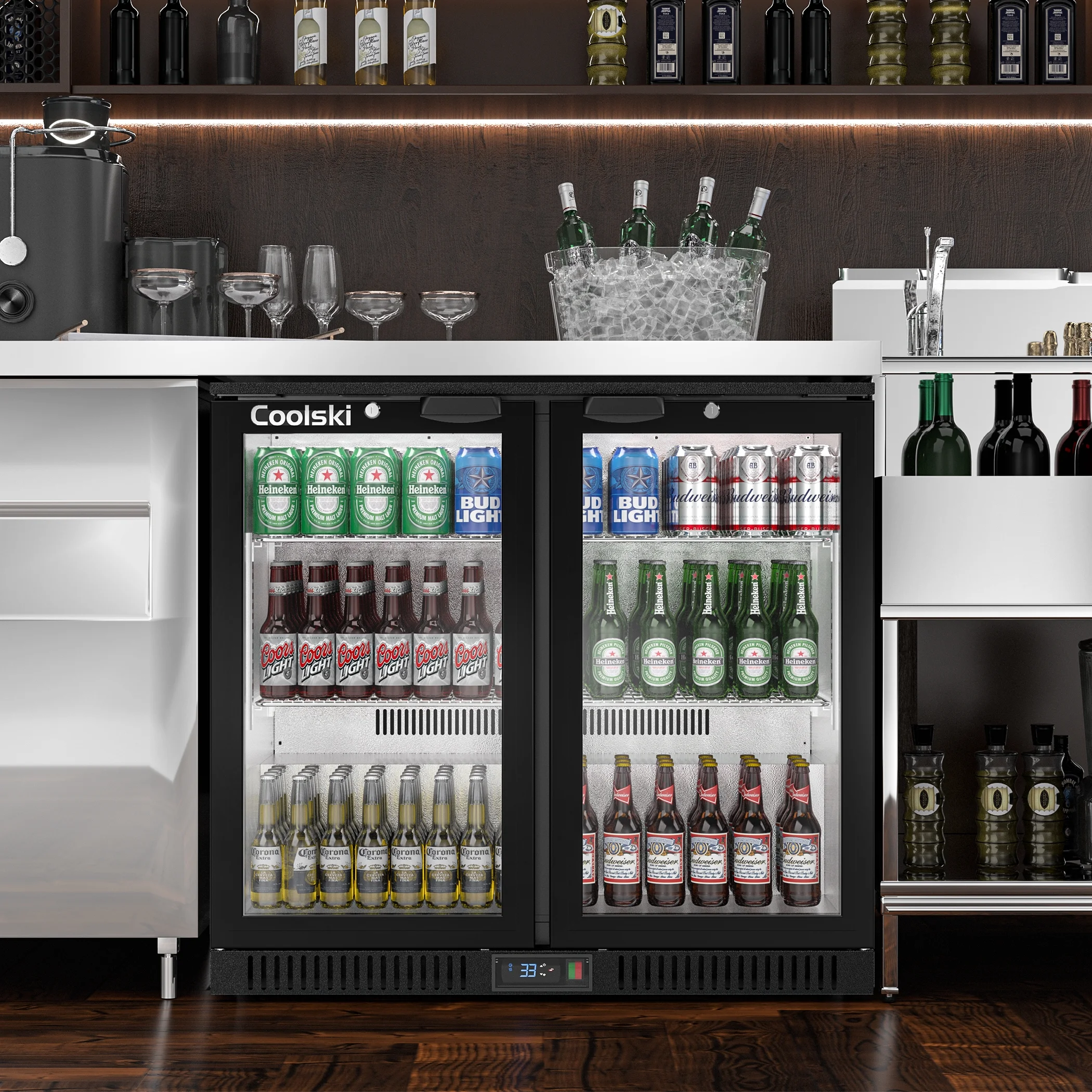 Coolski Back Bar Cooler Commercial Undercounter Refrigerator with 2 Glass Door