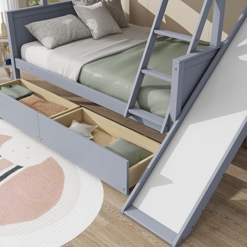 Bunk Beds Twin Over Full Size, Pine Solid Wooden Bunk Bed with Slide, Storage Staircase, Safety Guardrails for Kids, White
