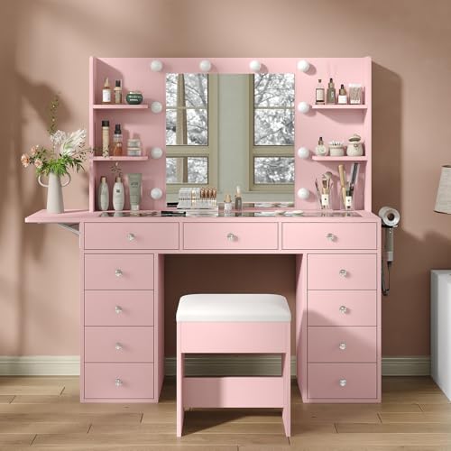 55" W Vanity Desk, Makeup Vanity with Charging Station, 15 Drawers with Lighted Mirror, 3 Lighting Modes, Brightness Adjustable, Glass Top
