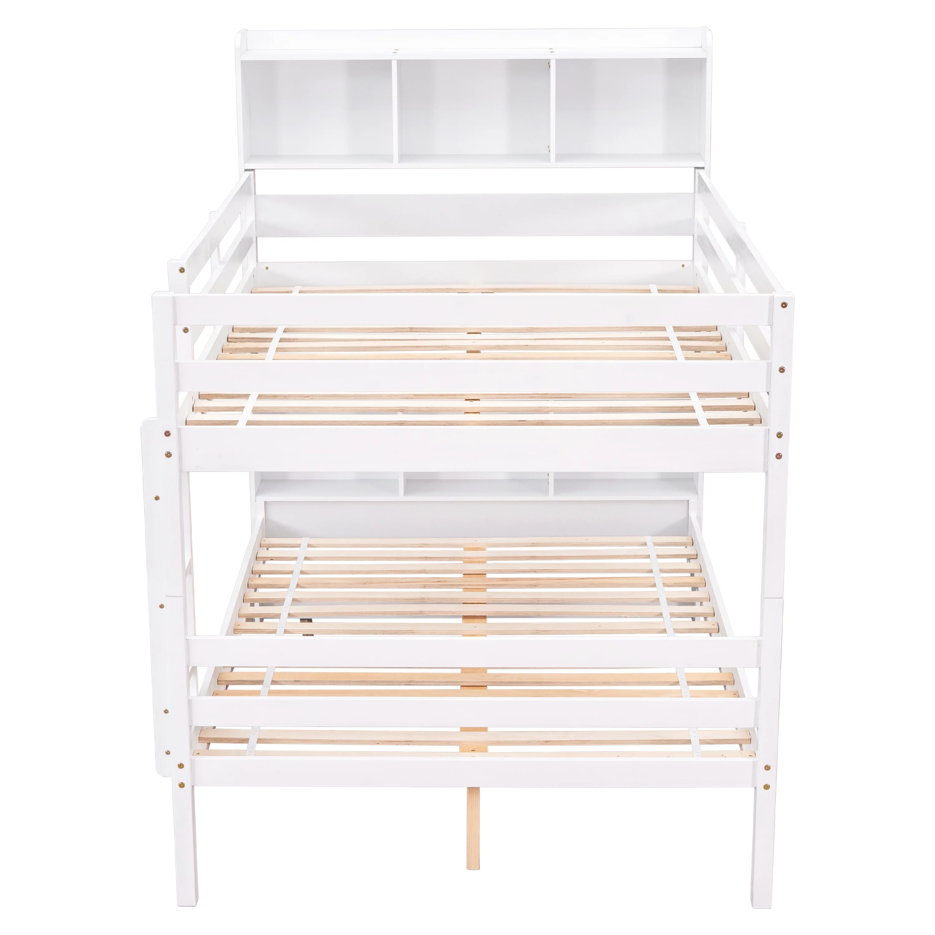 Sanmadrola Full Over Full Bunk Beds with Bookcase Headboard, Solid Wood Bed Frame with Safety Rail and Ladder, Kids/Teens Bedroom