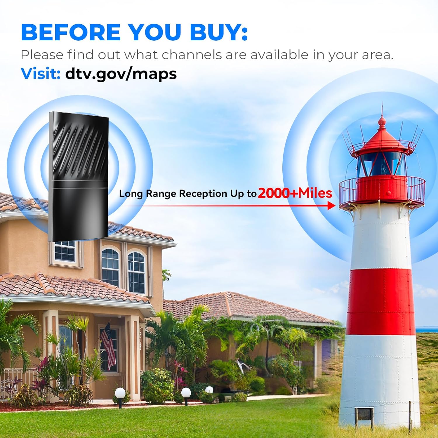 2024 Newest TV Antenna Indoor Smart Digital Up to 2000+ Miles-Amplified HD TV Antenna Outdoor for Local Channels with Amplifier and Signal