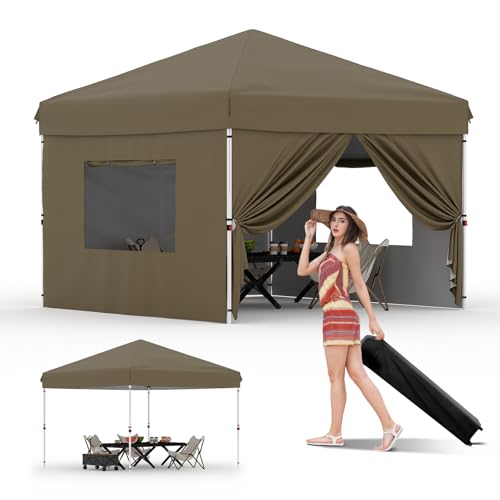 10'x10' Pop Up Canopy Tent with 4Pcs Sidewalls, Portable Instant Commercial Canopy with 4 Stakes, 4 Ropes, 4 Sandbags for Farmers'