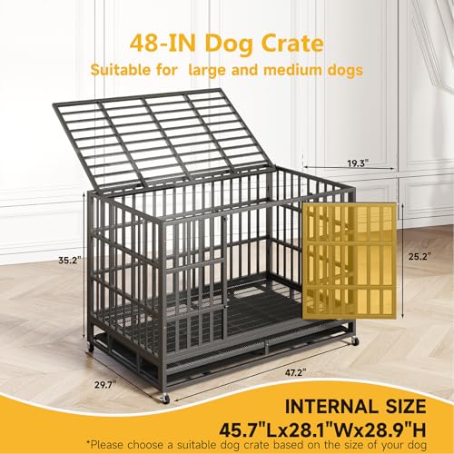 48 Inch Heavy Duty Dog Crate – Indestructible Steel Cage for Large Dogs, Double Door High Anxiety Cage with Removable Tray & Locking Wheels