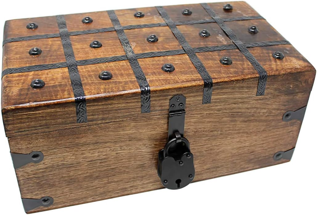 Nautical Cove Treasure Chest Wooden Box with Antique Iron Lock and Skeleton Key - Storage and Decor (Medium 12.25 x 6 x 5.5)