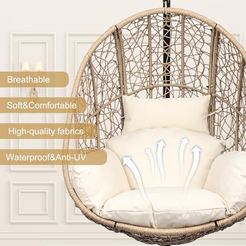 Oversized Hanging Egg Chair Outdoor Indoor, Wicker Swing Egg Chair with Stand 400lbs Capacity for Bedroom, Patio, Garden and Balcony (Beige-nest