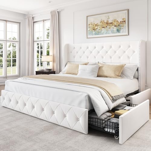 King Size Bed Frame with 4 Storage Drawers and Tufted Headboard Linen Upholstered Platform Bed Frame Wingback Beds with Wooden Slats Support