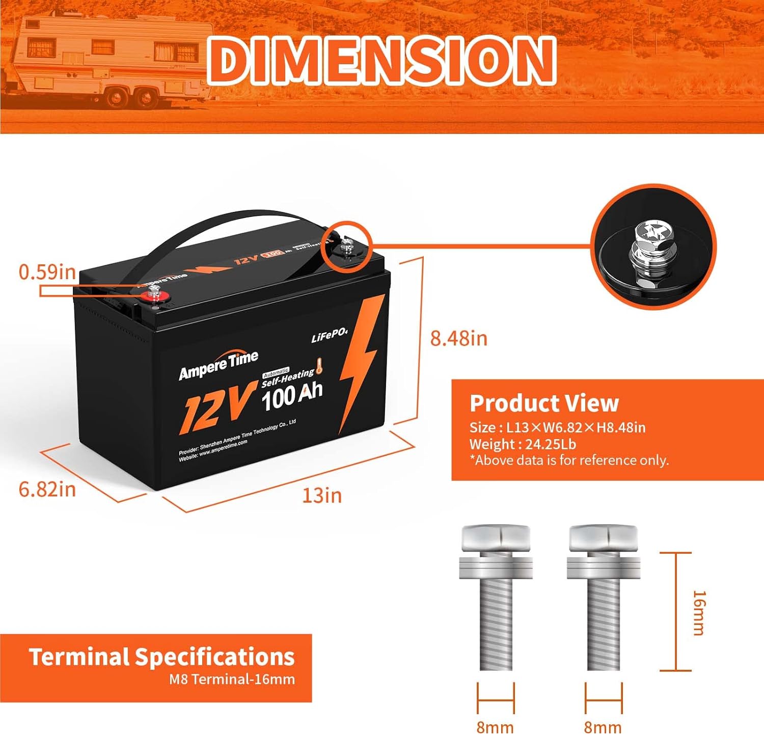 Ampere Time 12V 400Ah Deep Cycle LiFePO4 Battery Pack, with Built-in 250A BMS, Longer Runtime with 5.12kWh, 4000+ Cycle, Perfect for Solar System, RV