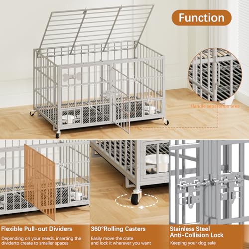 aboxoo 42/48 inch Heavy Duty Metal Dog Crate for 2 Dogs/Large Dog,All Metal Open Top,Dog Kennel Indoor with Wheels,Floor Grid, Tray