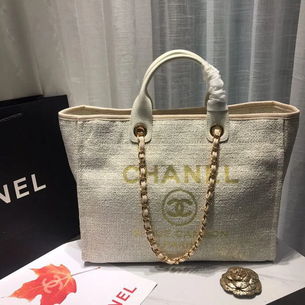 Chanel Deauville Tote Tweed Canvas Bag Fall/Winter Collection, Beige/Cream/Gold/Multi For Women 15in/38cm