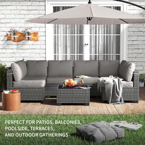 6 Piece Outdoor Patio Furniture Set with Coffee Table, Rattan Deck Conversation Sofa Set