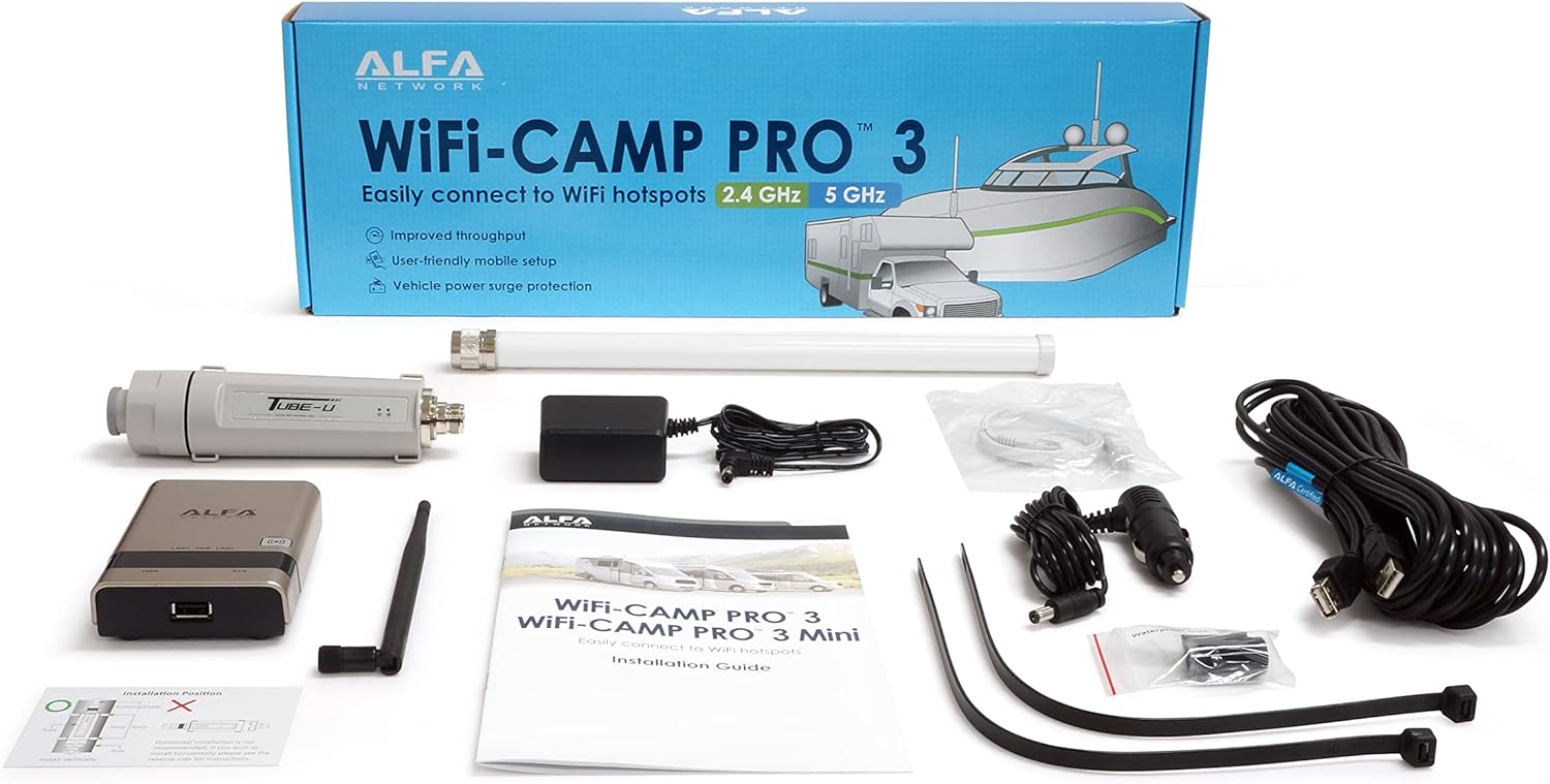 ALFA Network WiFi CampPro 3, Dual-Band WiFi 5 (2.4 or 5 GHz) WiFi/Internet Range Extender kit for Caravan, Motorhome, RV, Boat, Yacht