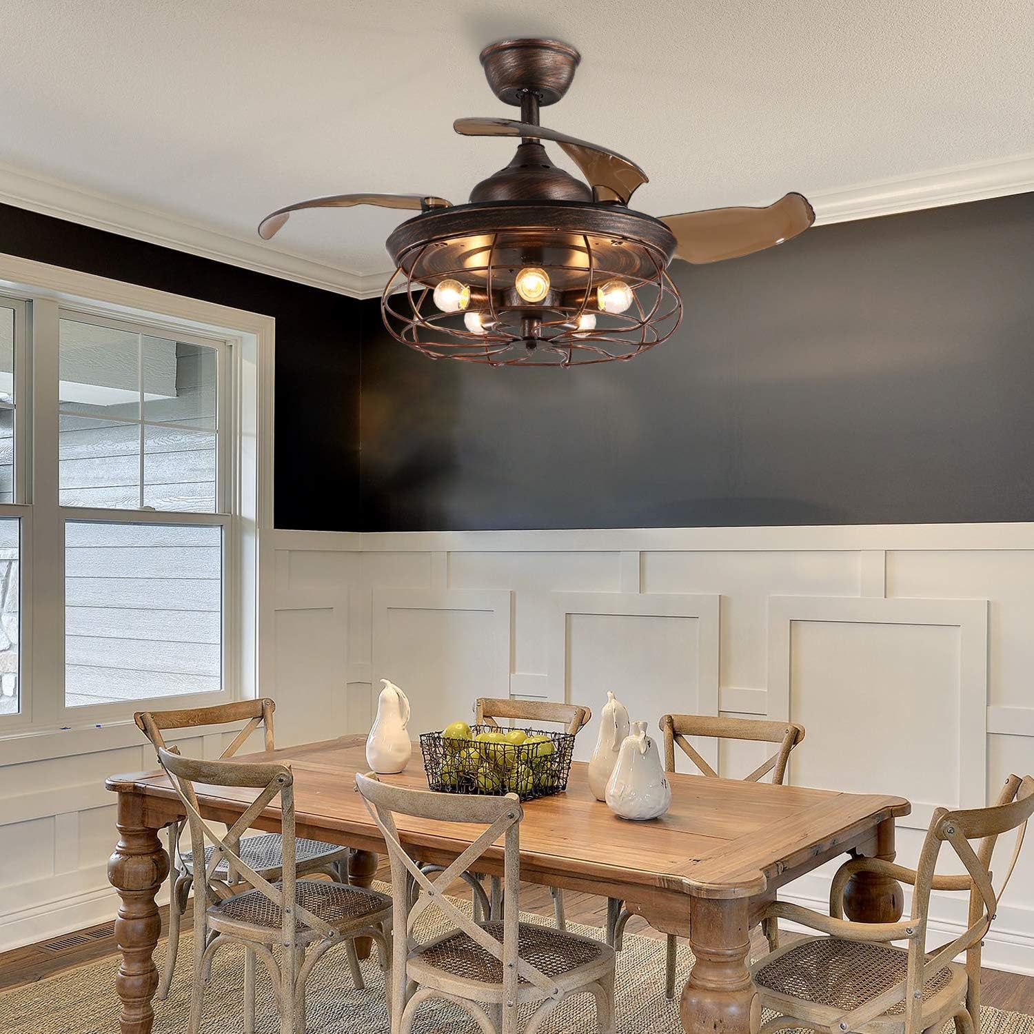 Siljoy 48 Retractable Blades Chandelier Ceiling Fan Industrial Retro Fandelier with Remote
