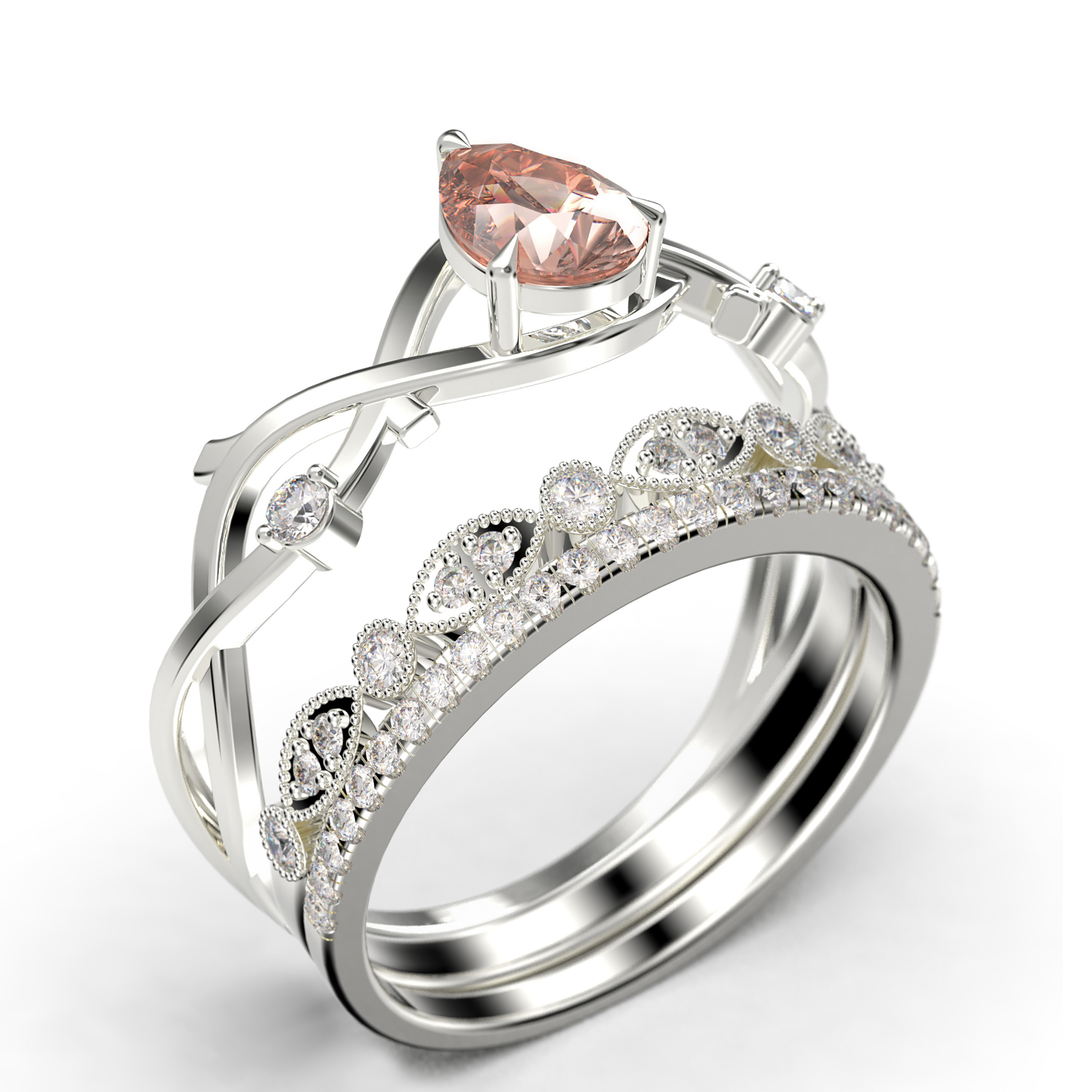 Boho & hippie 2.10 Carat Pear Cut Morganite And Diamond Moissanite Unique Engagement Ring, Wedding Ring
