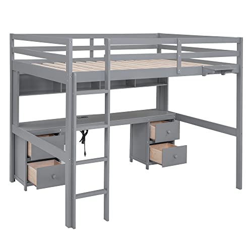 Full Size Loft Bed with L-Shaped Desk, Wardrobe and Storage Shelves, Solid Wood Bedframe w/Safety Guardrails & Ladder for Kids Teens Adults
