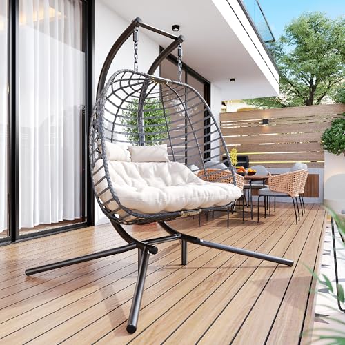 HWB Hanging Egg Chair with Stand, Patio Wicker Hammock Egg Swing Chair with Cushion for Bedroom Garden Indoor Outdoor (Beige)