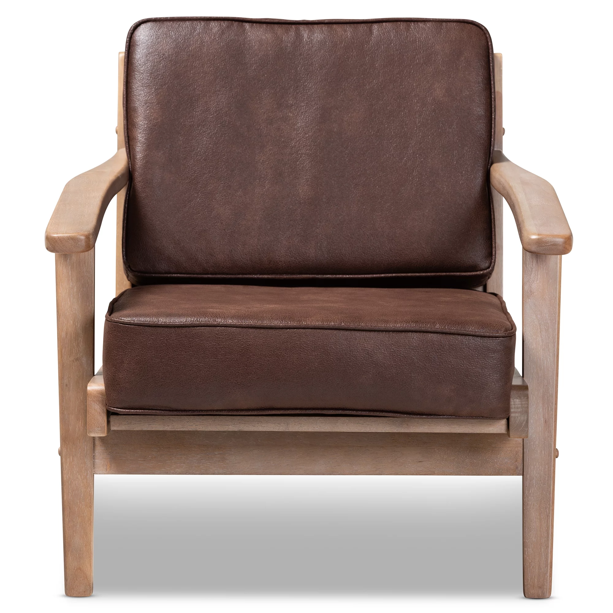 Baxton Studio Sigrid Mid-Century Modern Dark Brown Faux Leather Effect Fabric Upholstered Antique Oak Finished Wood Armchair