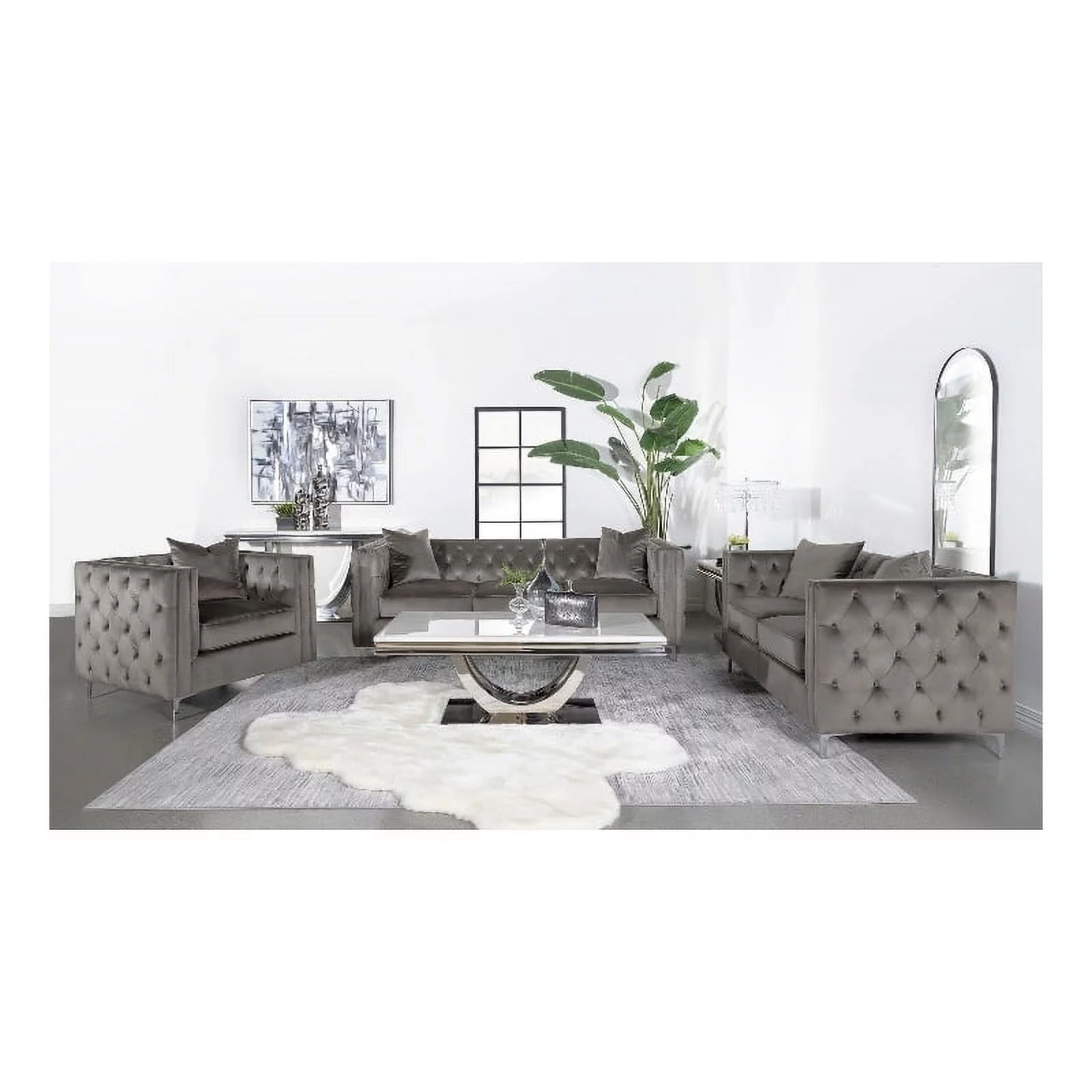 Maklaine 3-piece Velvet Tufted Tuxedo Arms Living Room in Set Urban Bronze