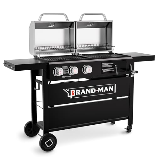 Brand-Man Griddle Grill Combo 6-Burner, 2 in 1 Versatile Propane Gas Grill and Griddle with Double Stainless Steel Lids