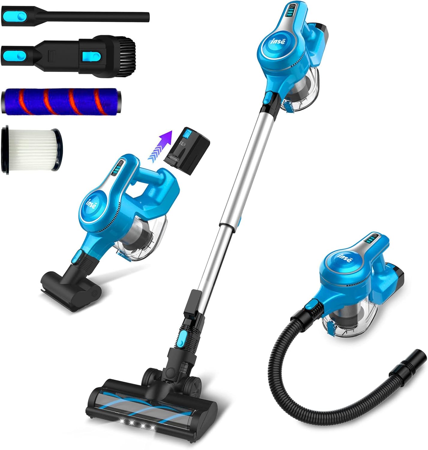 INSE Cordless Vacuum Cleaner, 23Kpa 265W Powerful Suction Stick Vacuum Cleaner, Up to 45min Runtime, Rechargeable Battery Vacuum