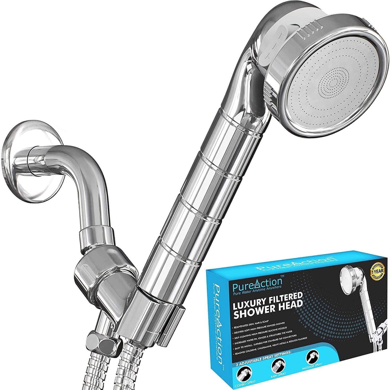 PureAction Luxury Filtered Shower Head with Handheld Hose - Hard Water Softener High Pressure & Water Saving Showerhead Filter