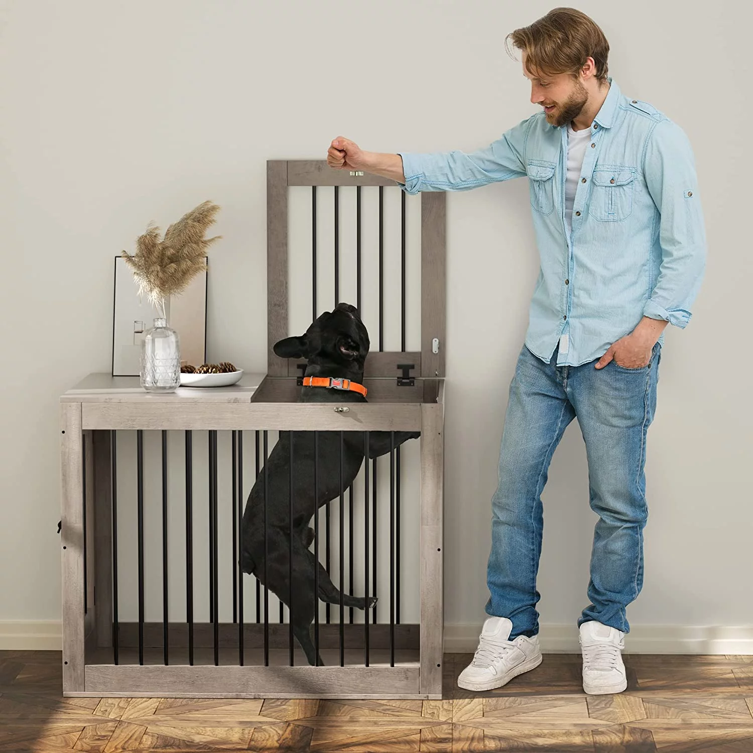 Furpezoo Large Dog Crate, Wooden Pet Kennel End Table, Dog Cage with 2 Doors, Gray, 40"L