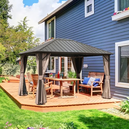 Domi 10’ x 10’ Hardtop Gazebo Metal Frame Canopy with Netting & Curtains